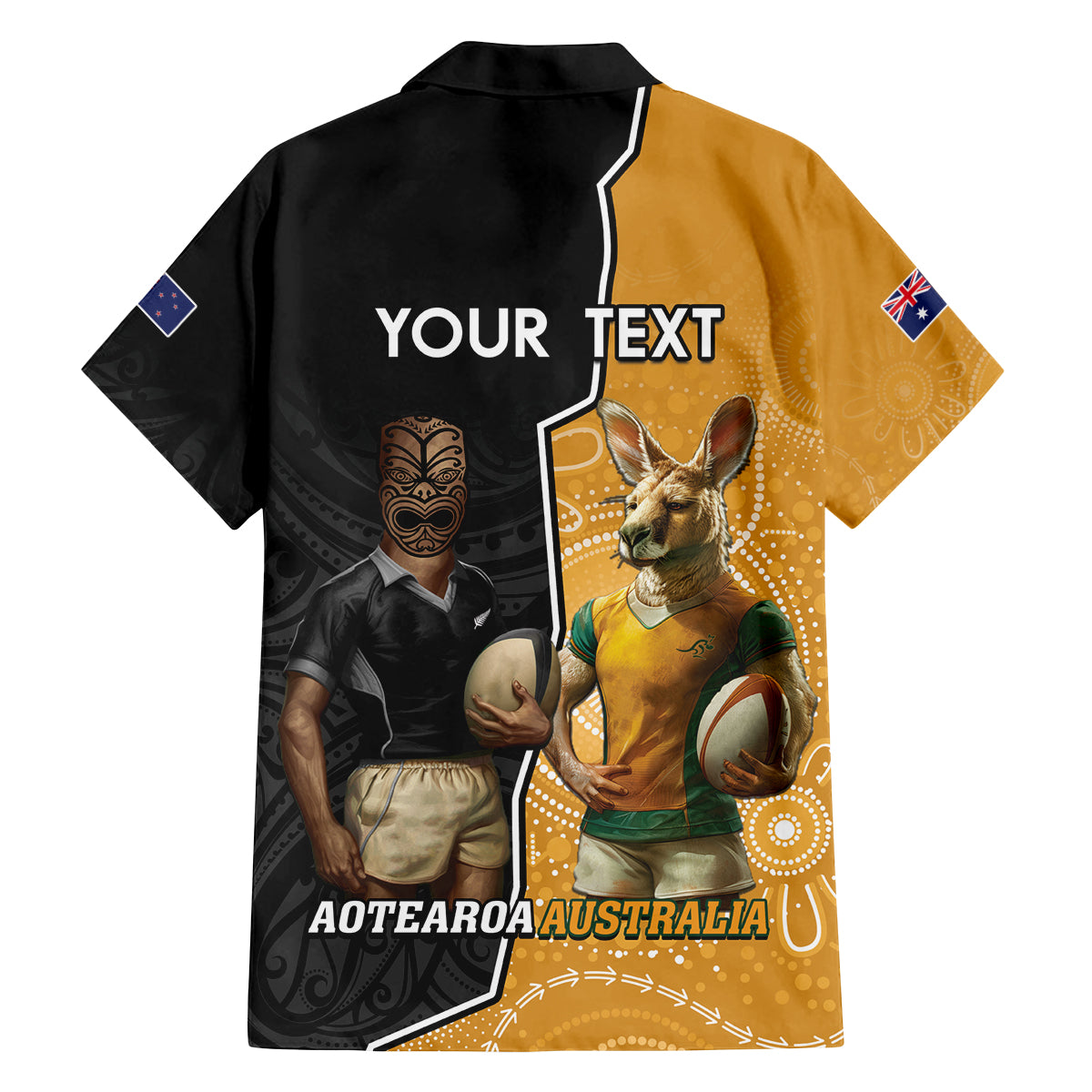 Personalised New Zealand And Australia Rugby Family Matching Off The Shoulder Long Sleeve Dress and Hawaiian Shirt 2024 All Black Wallabies Mascots Together LT14 - Polynesian Pride