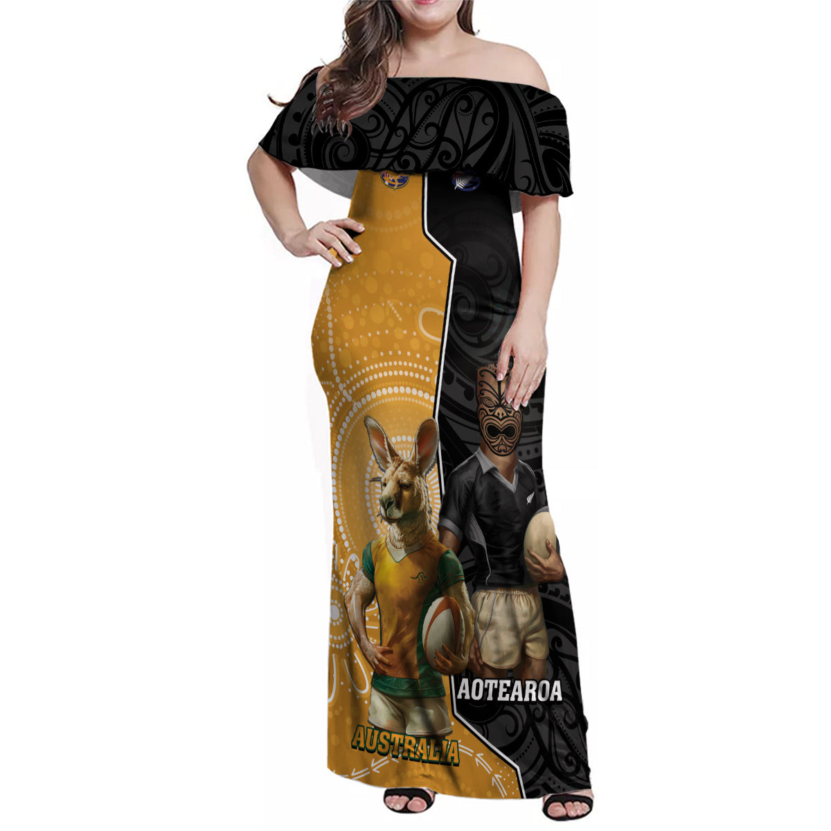 Personalised New Zealand And Australia Rugby Family Matching Off Shoulder Maxi Dress and Hawaiian Shirt 2024 All Black Wallabies Mascots Together LT14 Mom's Dress Black - Polynesian Pride