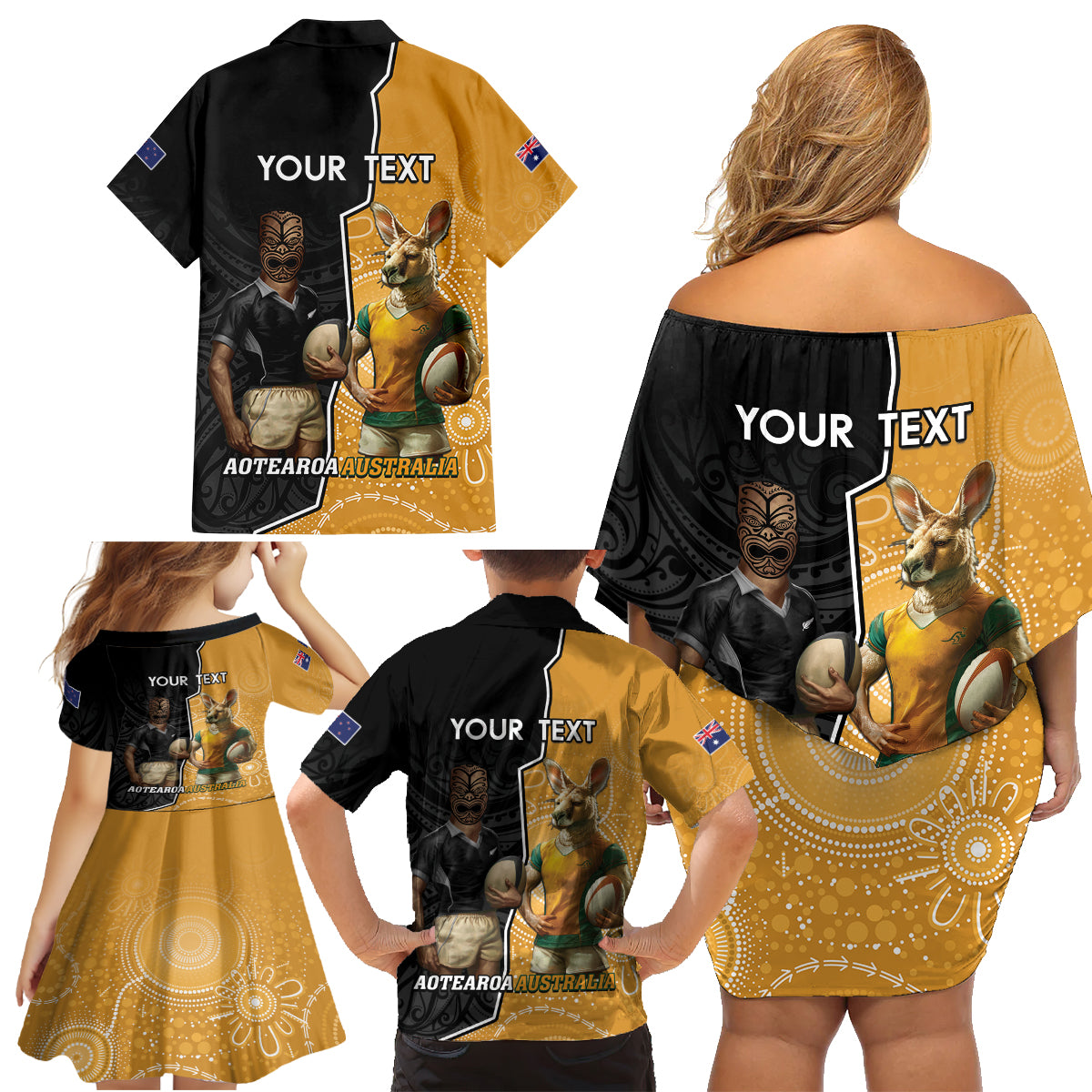 Personalised New Zealand And Australia Rugby Family Matching Off Shoulder Short Dress and Hawaiian Shirt 2024 All Black Wallabies Mascots Together LT14 - Polynesian Pride