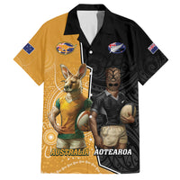 Personalised New Zealand And Australia Rugby Family Matching Off Shoulder Short Dress and Hawaiian Shirt 2024 All Black Wallabies Mascots Together LT14 Dad's Shirt - Short Sleeve Black - Polynesian Pride