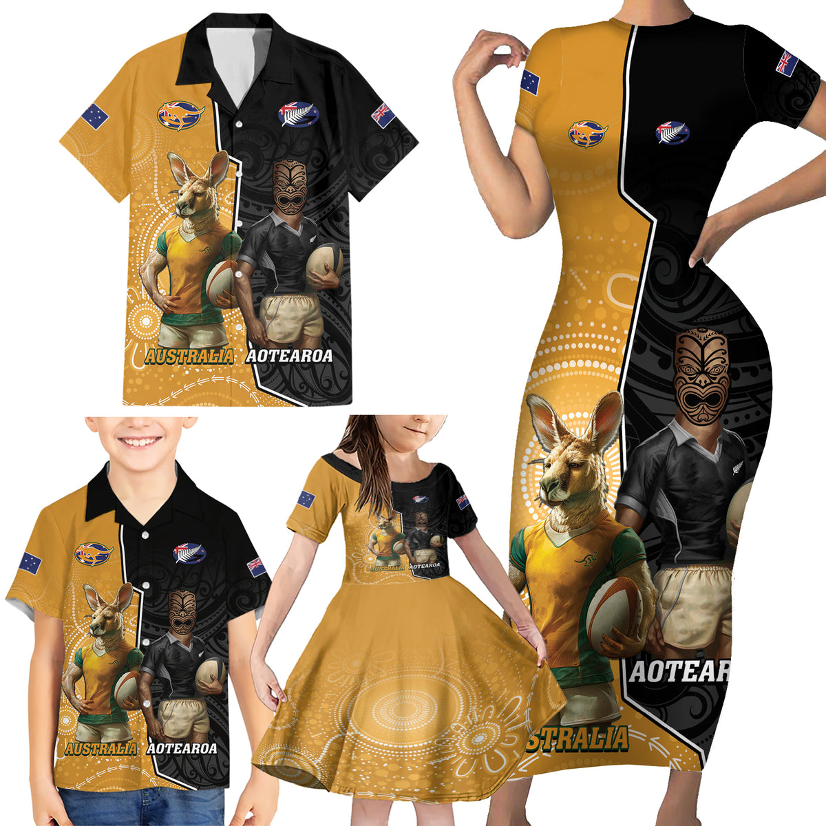 Personalised New Zealand And Australia Rugby Family Matching Short Sleeve Bodycon Dress and Hawaiian Shirt 2024 All Black Wallabies Mascots Together LT14 - Polynesian Pride