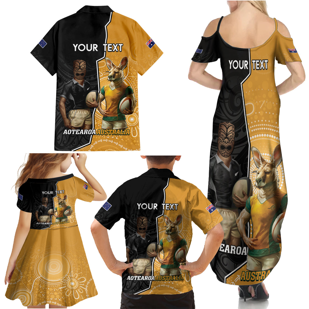 Personalised New Zealand And Australia Rugby Family Matching Summer Maxi Dress and Hawaiian Shirt 2024 All Black Wallabies Mascots Together LT14 - Polynesian Pride