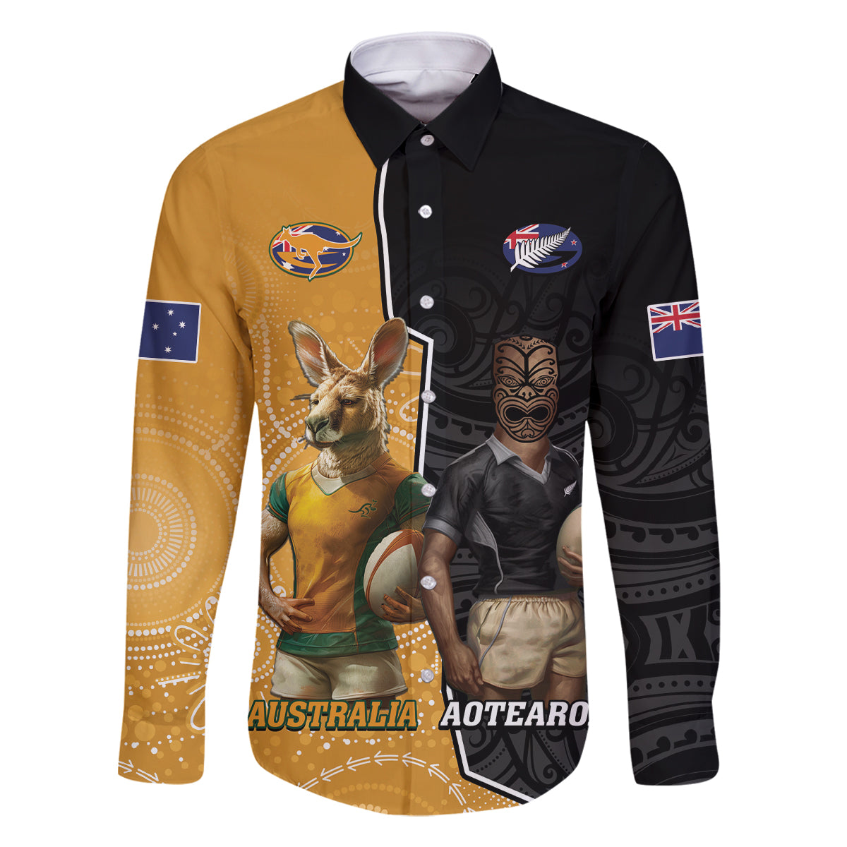 Personalised New Zealand And Australia Rugby Family Matching Summer Maxi Dress and Hawaiian Shirt 2024 All Black Wallabies Mascots Together LT14 Dad's Shirt - Long Sleeve Black - Polynesian Pride