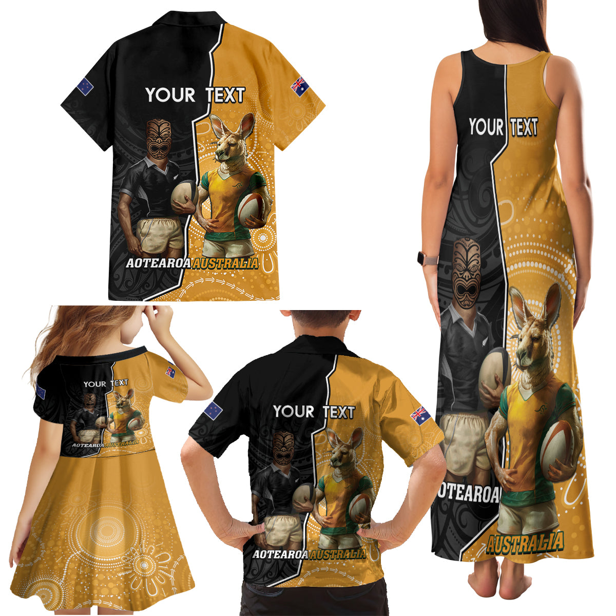 Personalised New Zealand And Australia Rugby Family Matching Tank Maxi Dress and Hawaiian Shirt 2024 All Black Wallabies Mascots Together LT14 - Polynesian Pride