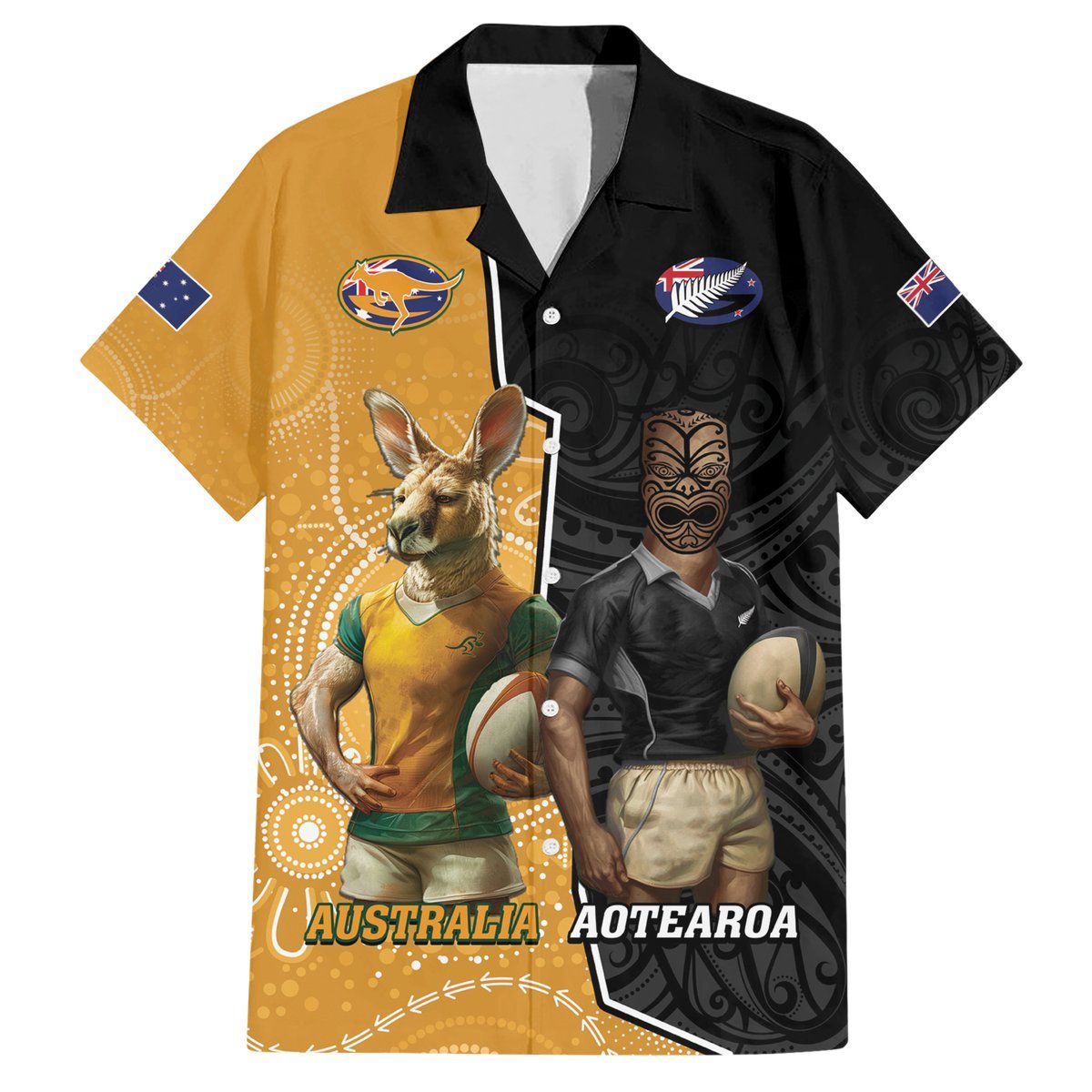Personalised New Zealand And Australia Rugby Hawaiian Shirt 2024 All Black Wallabies Mascots Together LT14 Black - Polynesian Pride