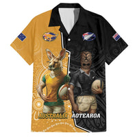 Personalised New Zealand And Australia Rugby Hawaiian Shirt 2024 All Black Wallabies Mascots Together LT14 Black - Polynesian Pride