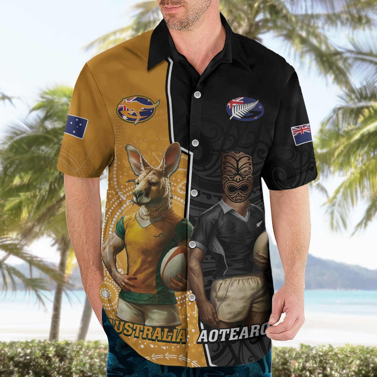 Personalised New Zealand And Australia Rugby Hawaiian Shirt 2024 All Black Wallabies Mascots Together LT14 - Polynesian Pride