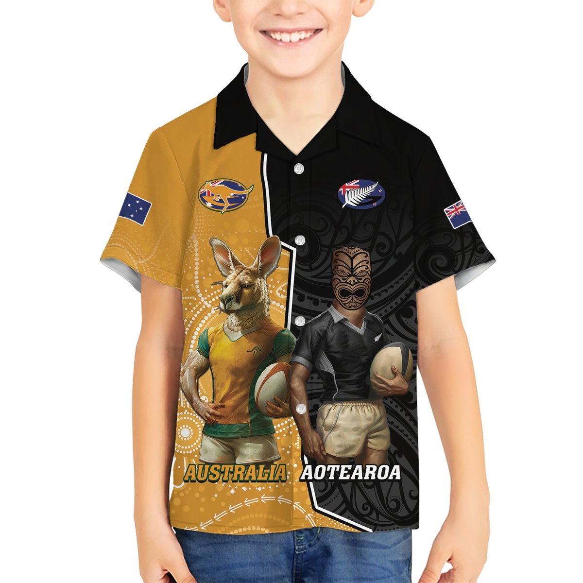 Personalised New Zealand And Australia Rugby Hawaiian Shirt 2024 All Black Wallabies Mascots Together LT14 - Polynesian Pride