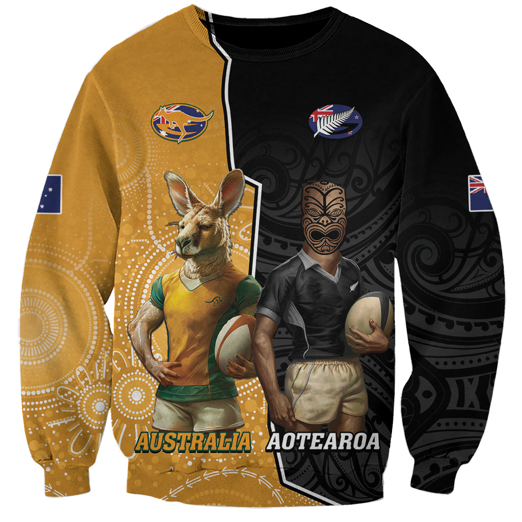 Personalised New Zealand And Australia Rugby Sweatshirt 2024 All Black Wallabies Mascots Together LT14 Unisex Black - Polynesian Pride