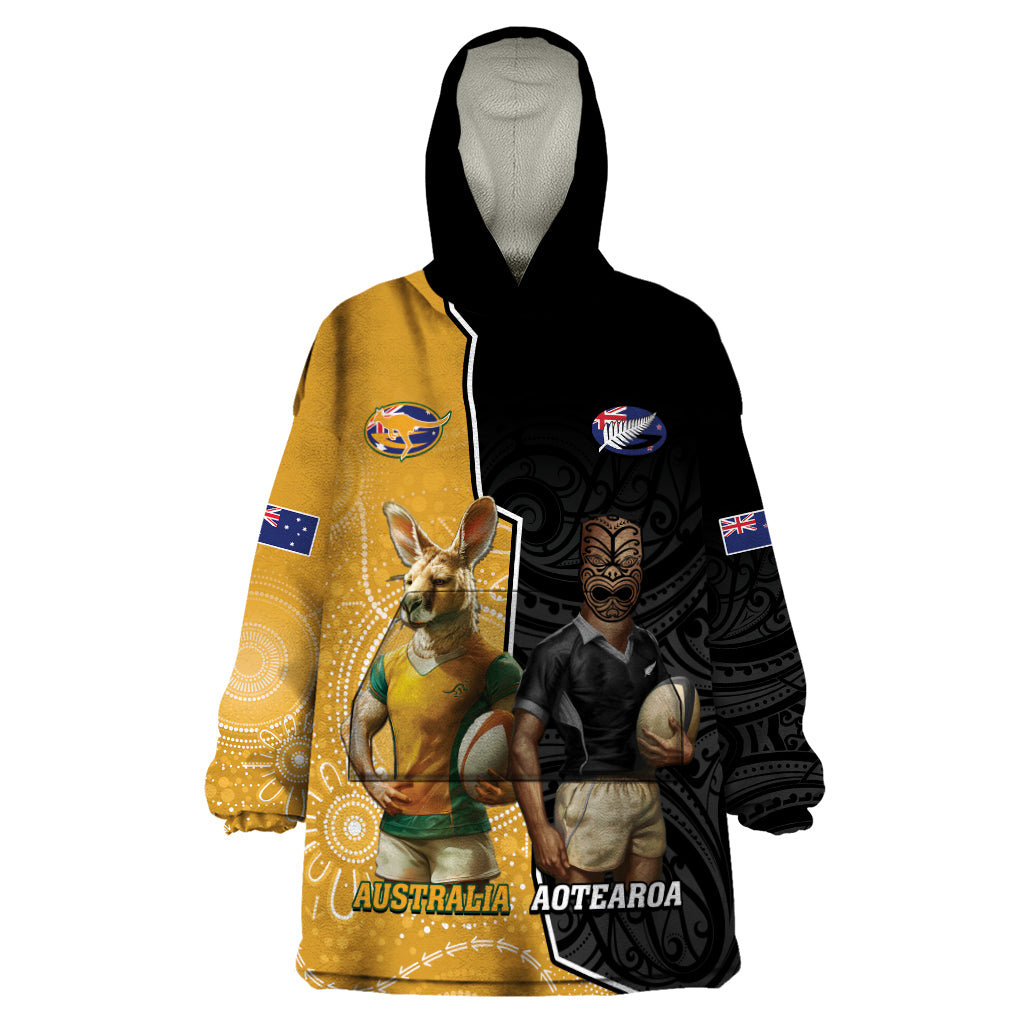 Personalised New Zealand And Australia Rugby Wearable Blanket Hoodie 2024 All Black Wallabies Mascots Together LT14 One Size Black - Polynesian Pride