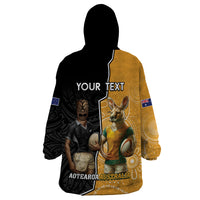 Personalised New Zealand And Australia Rugby Wearable Blanket Hoodie 2024 All Black Wallabies Mascots Together LT14 - Polynesian Pride