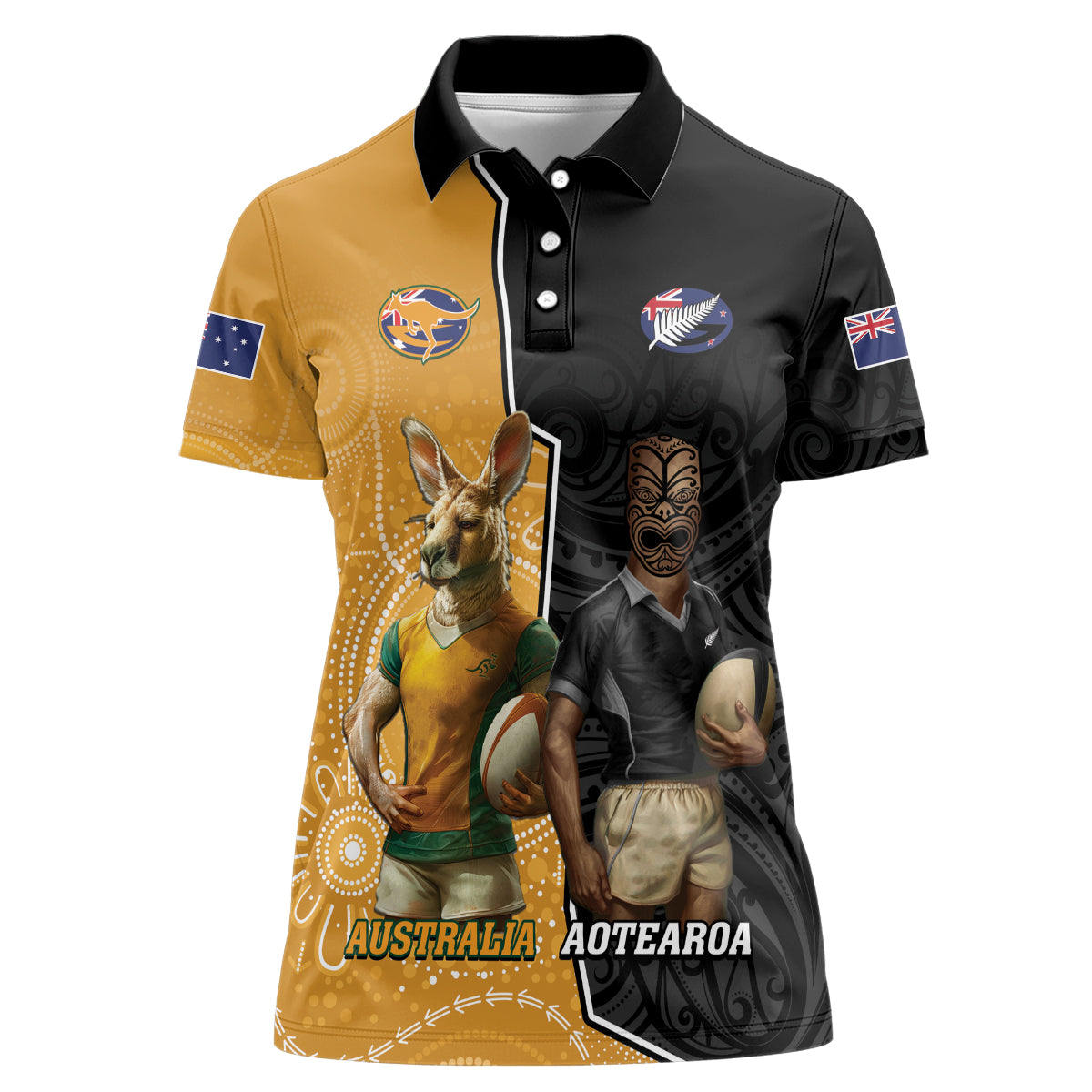 Personalised New Zealand And Australia Rugby Women Polo Shirt 2024 All Black Wallabies Mascots Together LT14 Female Black - Polynesian Pride