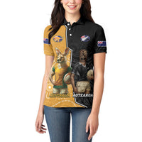 Personalised New Zealand And Australia Rugby Women Polo Shirt 2024 All Black Wallabies Mascots Together LT14 - Polynesian Pride