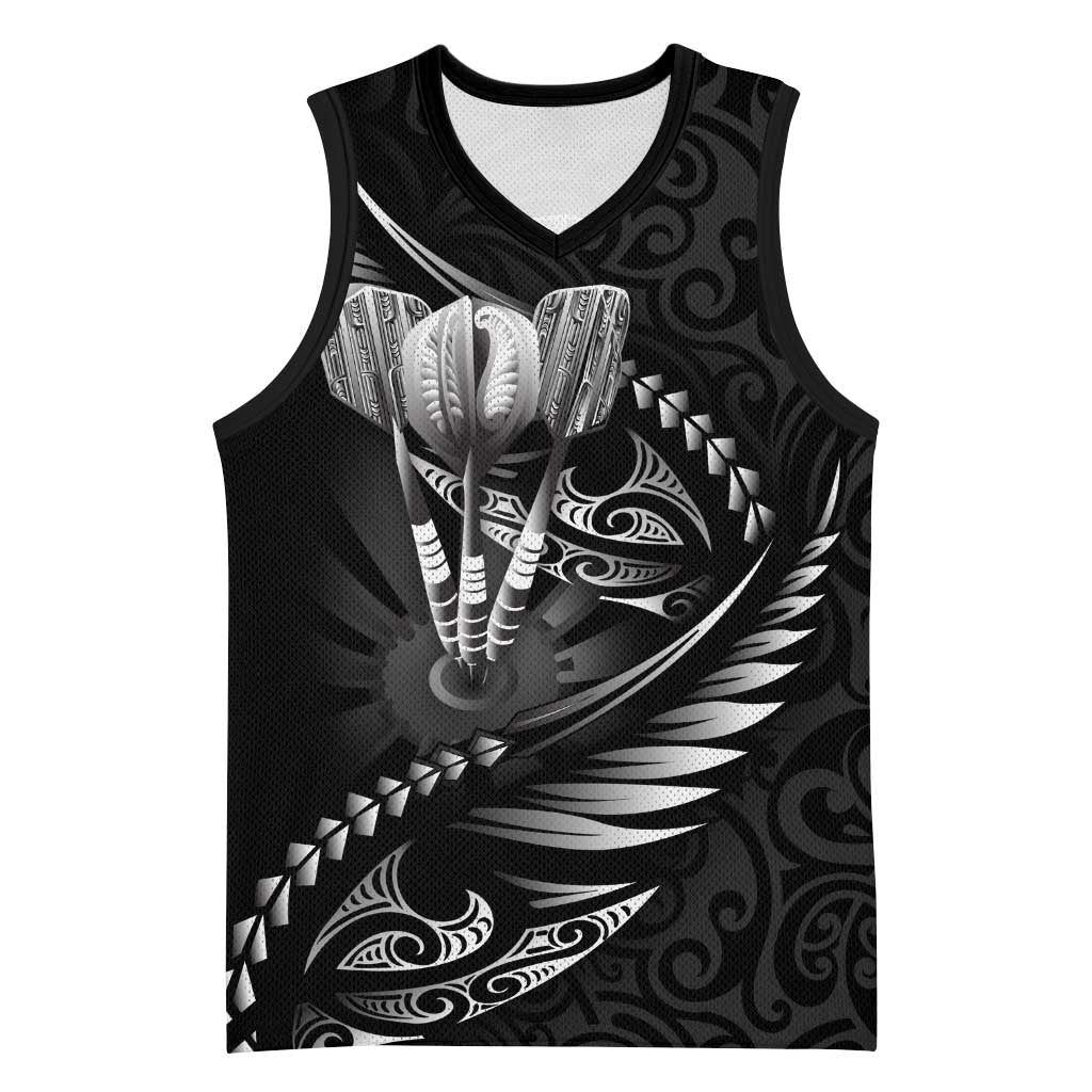 Personalised All Black New Zealand Darts Basketball Jersey Aoteroa Fern Maori Galaxy Style LT14 Unisex Black - Polynesian Pride