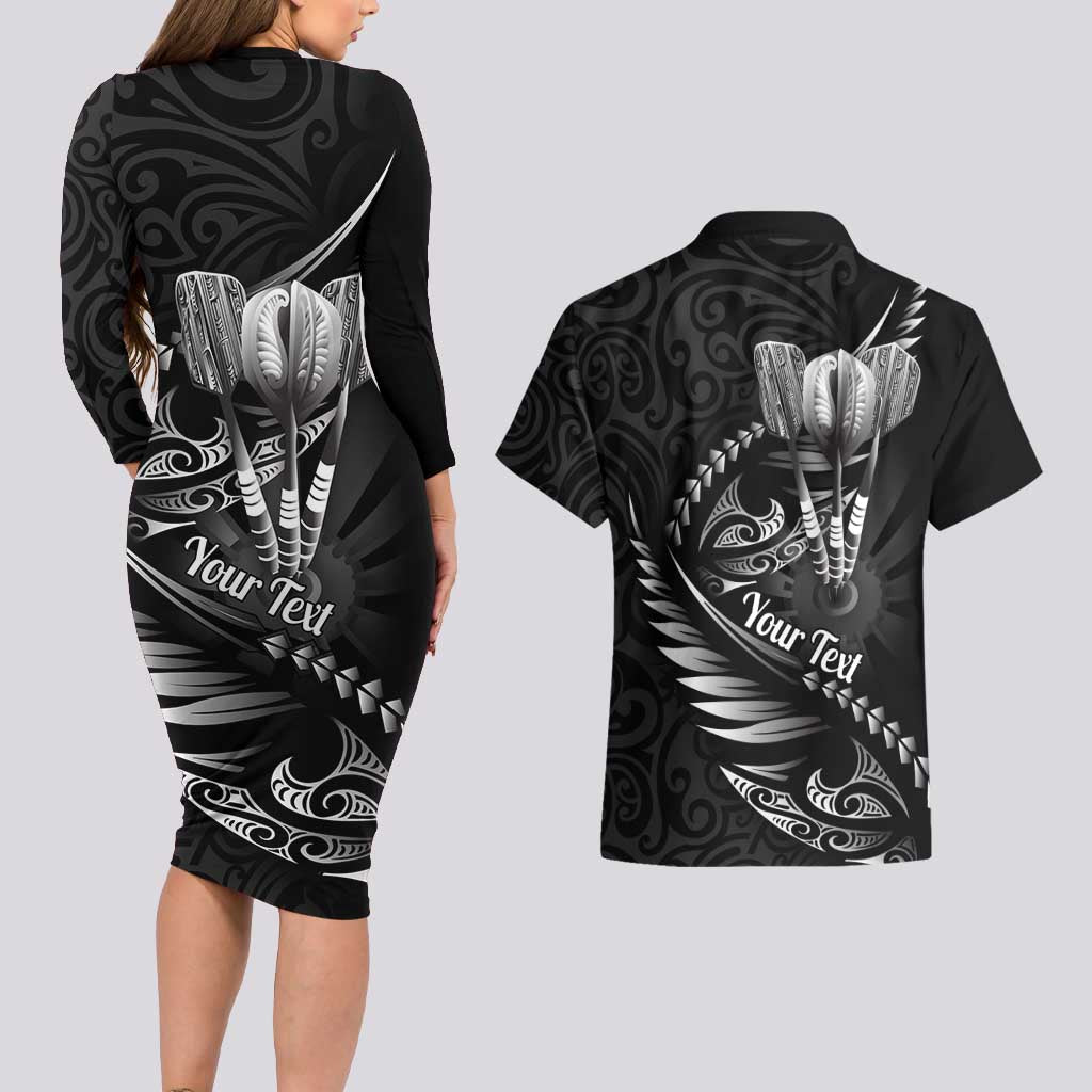 Personalised All Black New Zealand Darts Couples Matching Long Sleeve Bodycon Dress and Hawaiian Shirt Aoteroa Fern Maori Galaxy Style LT14 - Polynesian Pride