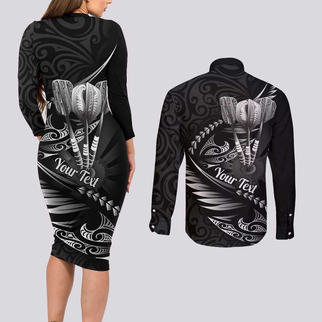 Personalised All Black New Zealand Darts Couples Matching Long Sleeve Bodycon Dress and Long Sleeve Button Shirt Aoteroa Fern Maori Galaxy Style LT14 - Polynesian Pride