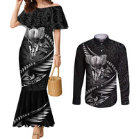 Personalised All Black New Zealand Darts Couples Matching Mermaid Dress and Long Sleeve Button Shirt Aoteroa Fern Maori Galaxy Style LT14 Black - Polynesian Pride