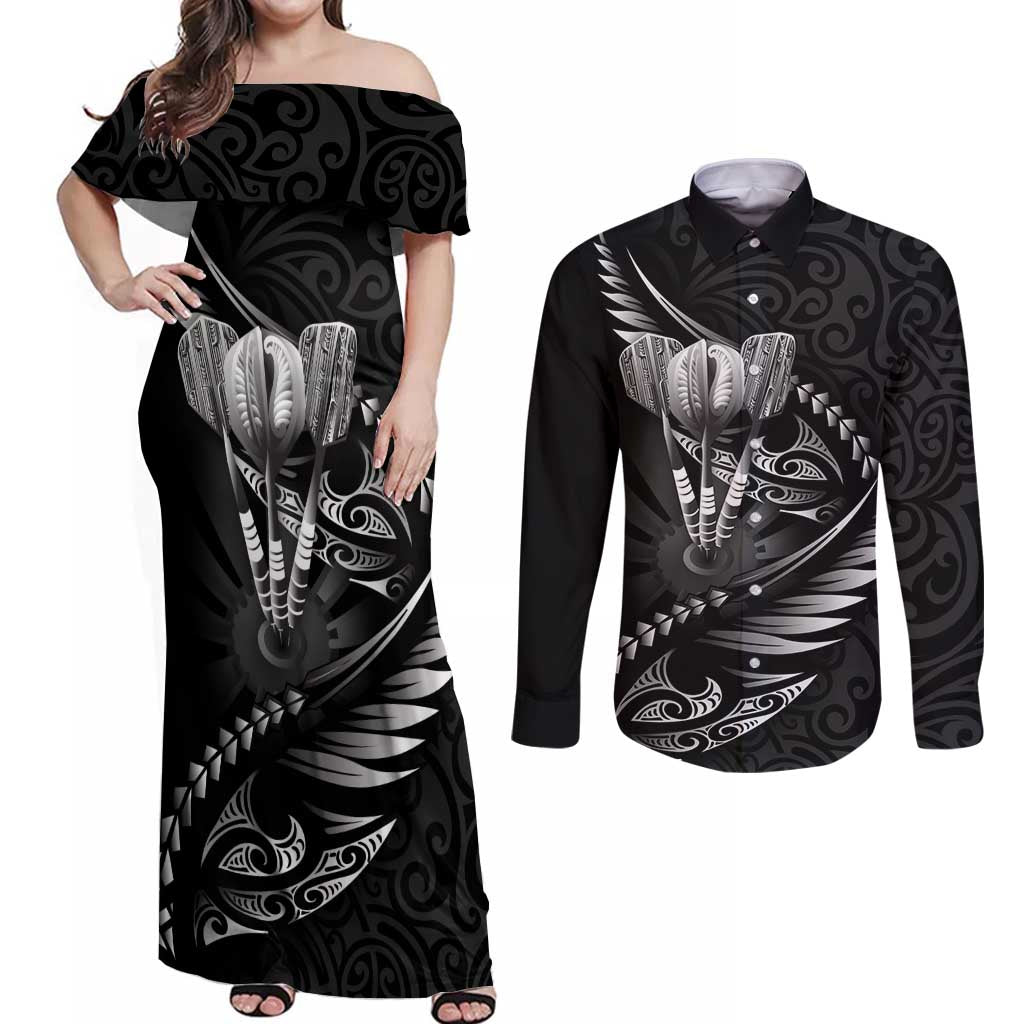 Personalised All Black New Zealand Darts Couples Matching Off Shoulder Maxi Dress and Long Sleeve Button Shirt Aoteroa Fern Maori Galaxy Style LT14 Black - Polynesian Pride