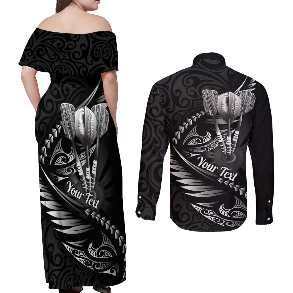 Personalised All Black New Zealand Darts Couples Matching Off Shoulder Maxi Dress and Long Sleeve Button Shirt Aoteroa Fern Maori Galaxy Style LT14 - Polynesian Pride