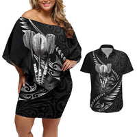 Personalised All Black New Zealand Darts Couples Matching Off Shoulder Short Dress and Hawaiian Shirt Aoteroa Fern Maori Galaxy Style LT14 Black - Polynesian Pride