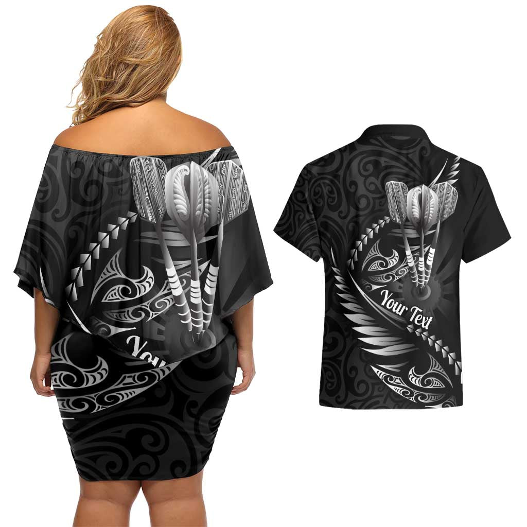 Personalised All Black New Zealand Darts Couples Matching Off Shoulder Short Dress and Hawaiian Shirt Aoteroa Fern Maori Galaxy Style LT14 - Polynesian Pride