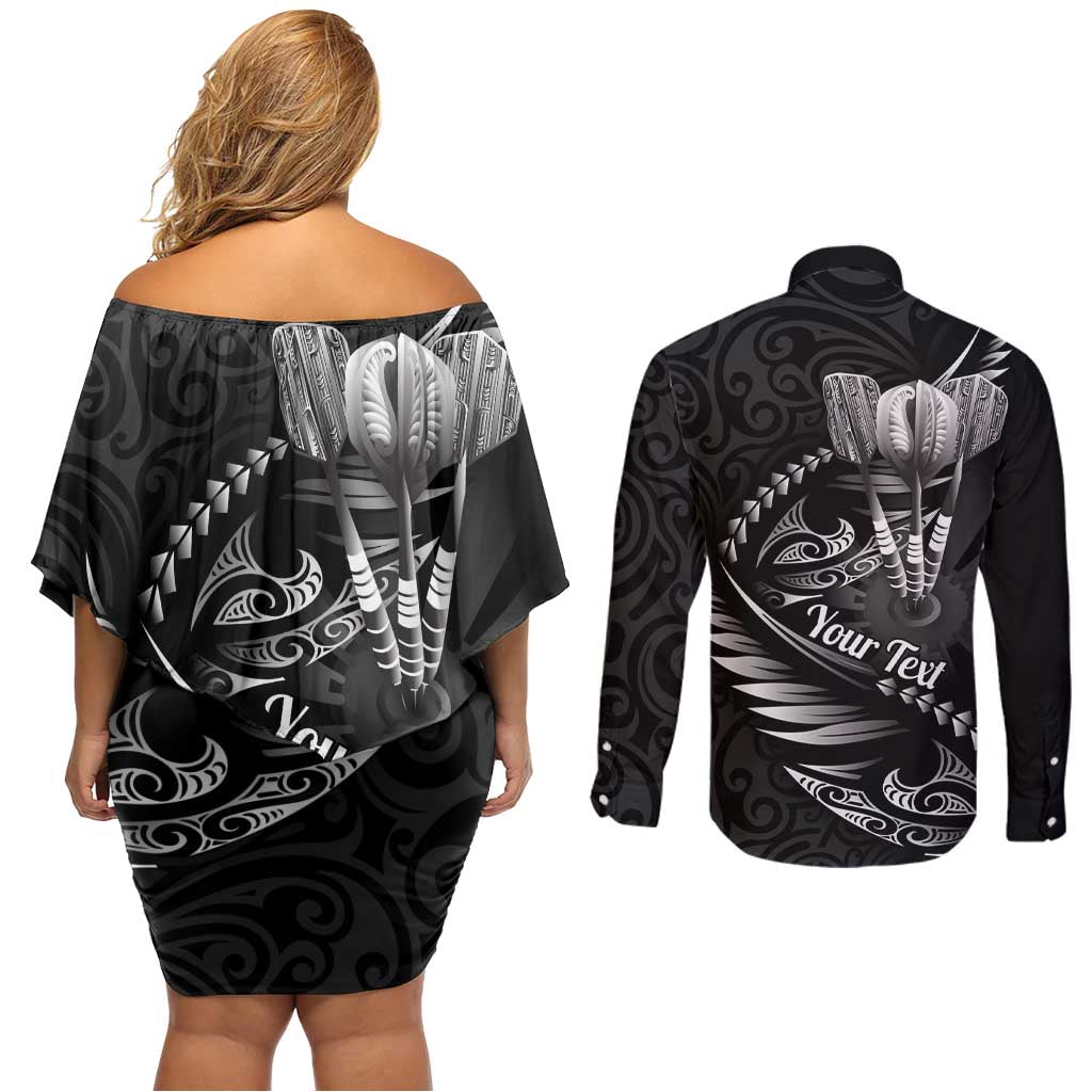 Personalised All Black New Zealand Darts Couples Matching Off Shoulder Short Dress and Long Sleeve Button Shirt Aoteroa Fern Maori Galaxy Style LT14 - Polynesian Pride