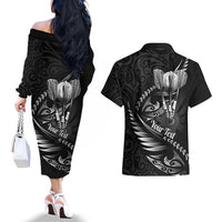 Personalised All Black New Zealand Darts Couples Matching Off The Shoulder Long Sleeve Dress and Hawaiian Shirt Aoteroa Fern Maori Galaxy Style LT14 - Polynesian Pride