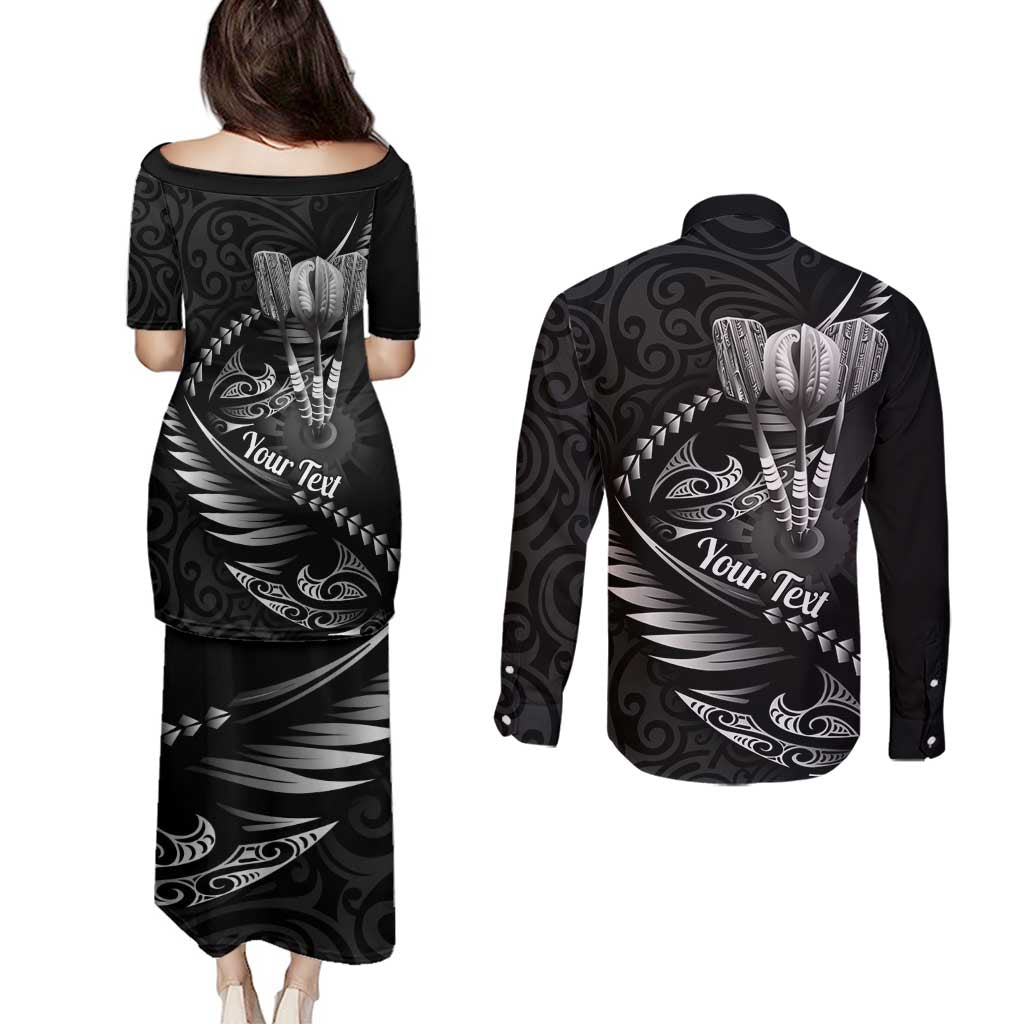 Personalised All Black New Zealand Darts Couples Matching Puletasi and Long Sleeve Button Shirt Aoteroa Fern Maori Galaxy Style
