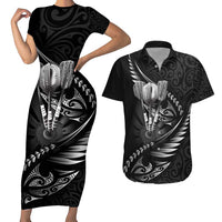 Personalised All Black New Zealand Darts Couples Matching Short Sleeve Bodycon Dress and Hawaiian Shirt Aoteroa Fern Maori Galaxy Style LT14 Black - Polynesian Pride