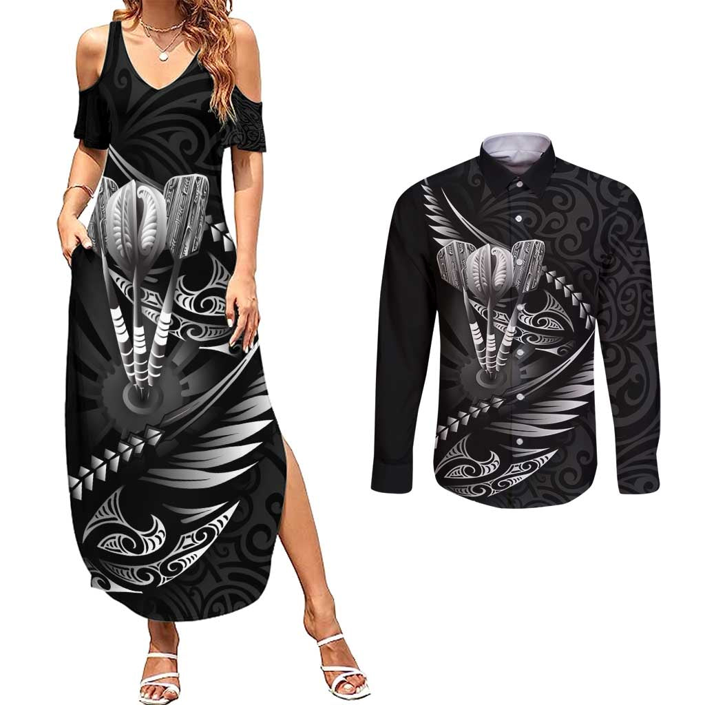 Personalised All Black New Zealand Darts Couples Matching Summer Maxi Dress and Long Sleeve Button Shirt Aoteroa Fern Maori Galaxy Style LT14 Black - Polynesian Pride