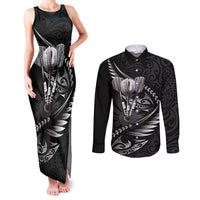 Personalised All Black New Zealand Darts Couples Matching Tank Maxi Dress and Long Sleeve Button Shirt Aoteroa Fern Maori Galaxy Style LT14 Black - Polynesian Pride