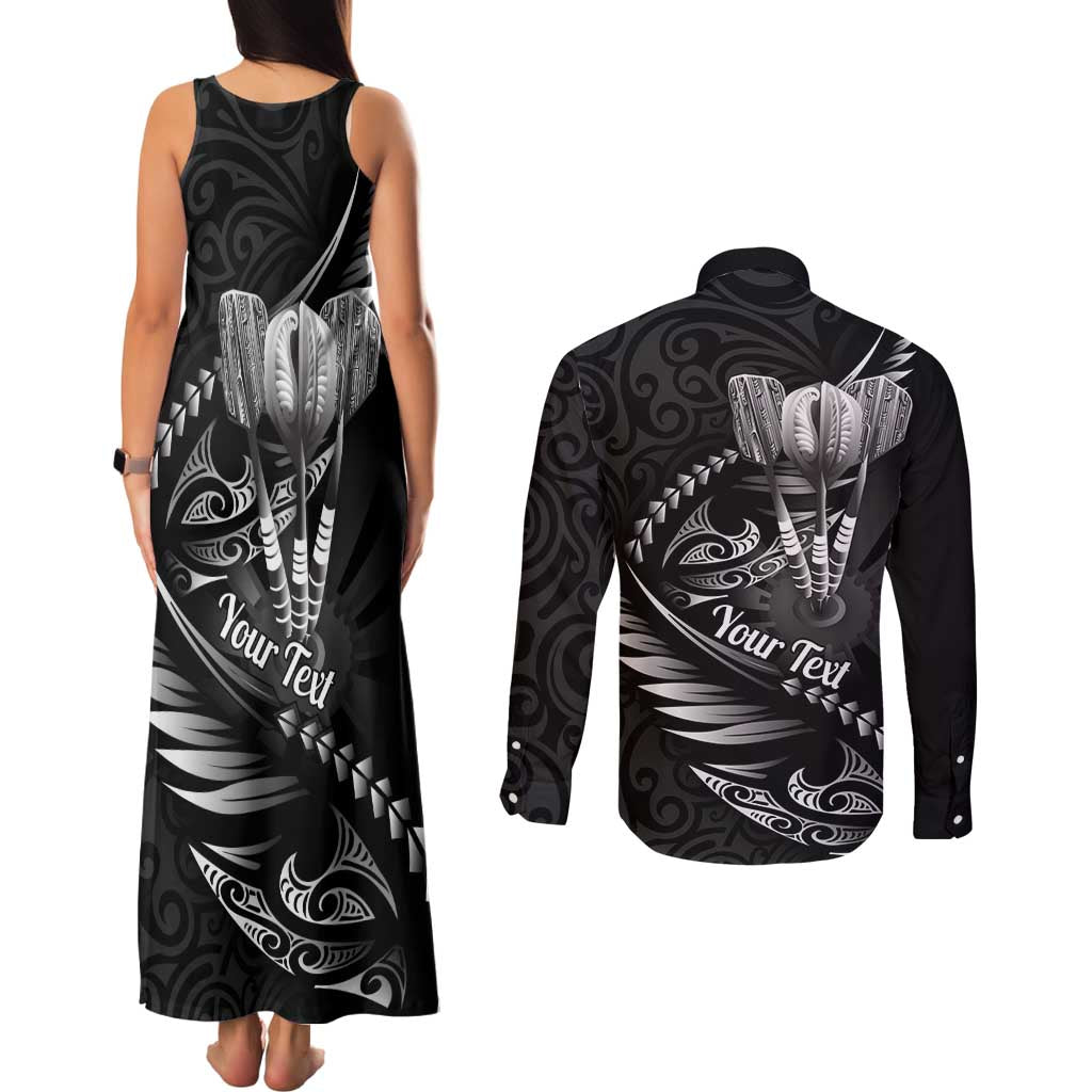 Personalised All Black New Zealand Darts Couples Matching Tank Maxi Dress and Long Sleeve Button Shirt Aoteroa Fern Maori Galaxy Style LT14 - Polynesian Pride