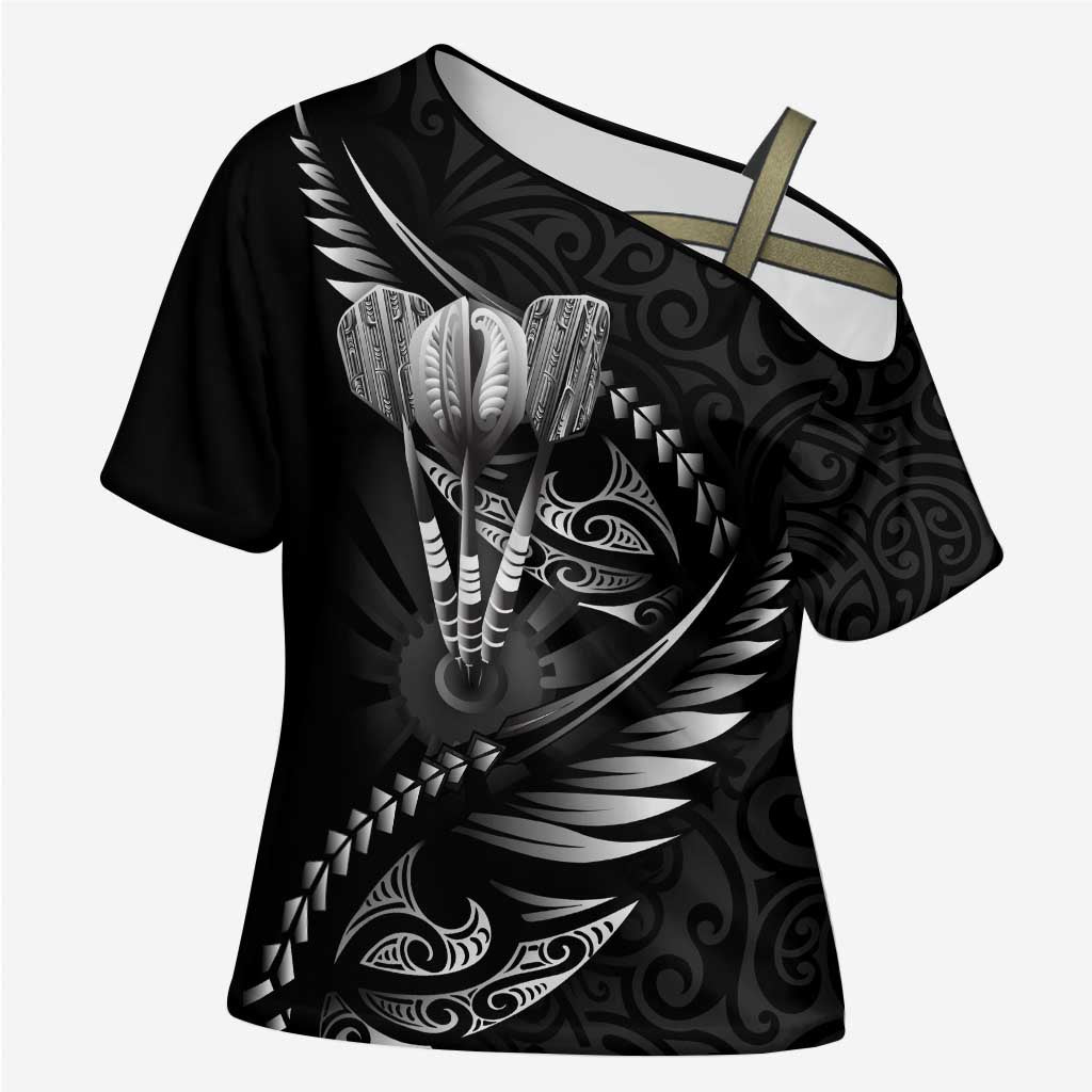 Personalised All Black New Zealand Darts Cross Shoulder Shirt Aoteroa Fern Maori Galaxy Style LT14 Female Black - Polynesian Pride