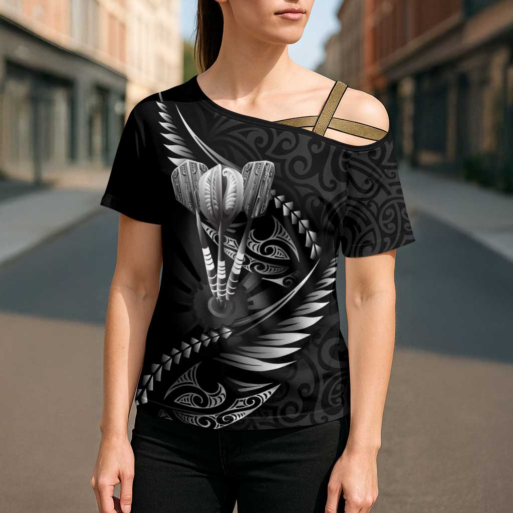 Personalised All Black New Zealand Darts Cross Shoulder Shirt Aoteroa Fern Maori Galaxy Style LT14 - Polynesian Pride