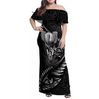 Personalised All Black New Zealand Darts Family Matching Off Shoulder Maxi Dress and Hawaiian Shirt Aoteroa Fern Maori Galaxy Style LT14 Mom's Dress Black - Polynesian Pride