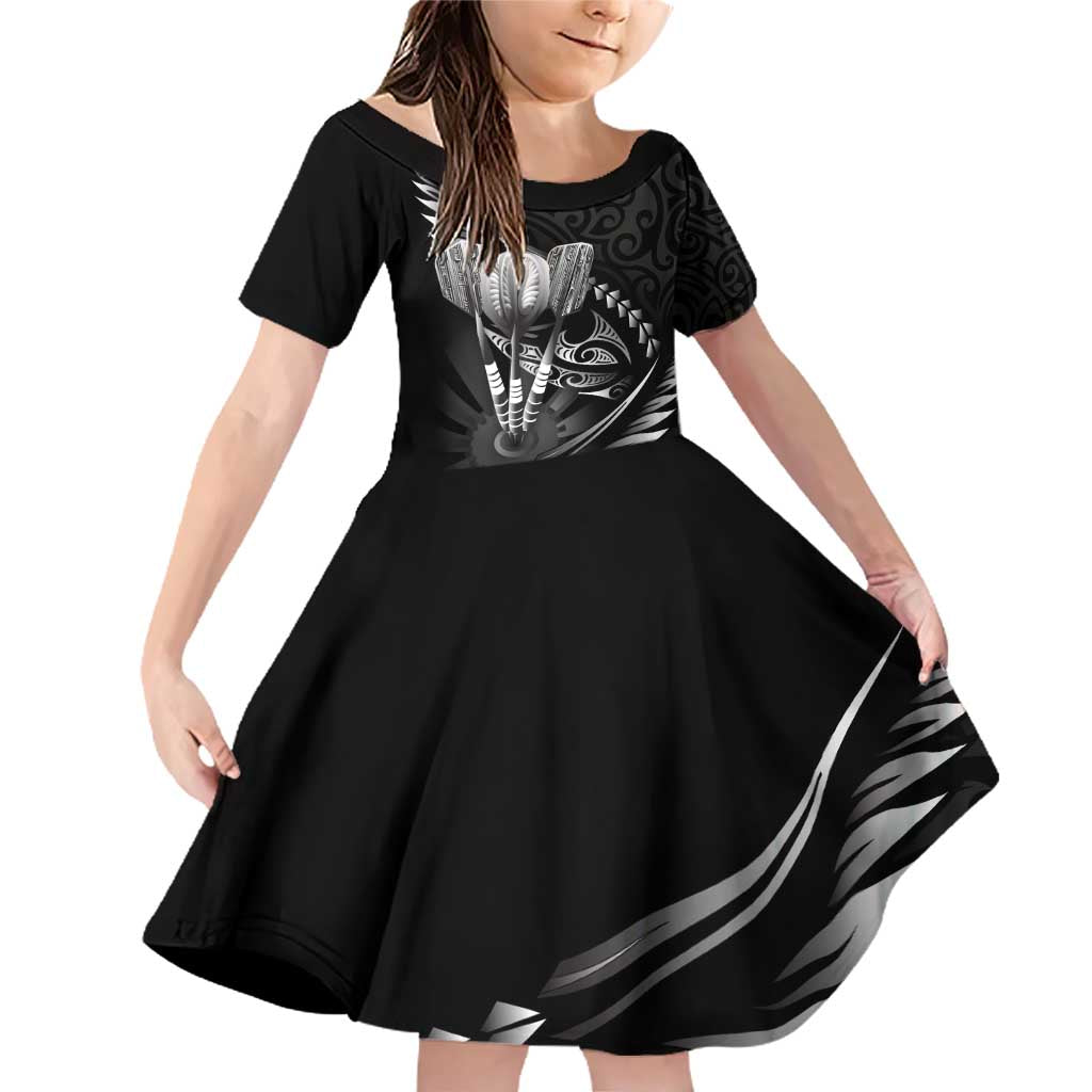 Personalised All Black New Zealand Darts Family Matching Off Shoulder Short Dress and Hawaiian Shirt Aoteroa Fern Maori Galaxy Style LT14 Daughter's Dress Black - Polynesian Pride