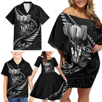Personalised All Black New Zealand Darts Family Matching Off Shoulder Short Dress and Hawaiian Shirt Aoteroa Fern Maori Galaxy Style LT14 - Polynesian Pride