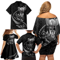 Personalised All Black New Zealand Darts Family Matching Off Shoulder Short Dress and Hawaiian Shirt Aoteroa Fern Maori Galaxy Style LT14 - Polynesian Pride