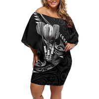 Personalised All Black New Zealand Darts Family Matching Off Shoulder Short Dress and Hawaiian Shirt Aoteroa Fern Maori Galaxy Style LT14 Mom's Dress Black - Polynesian Pride