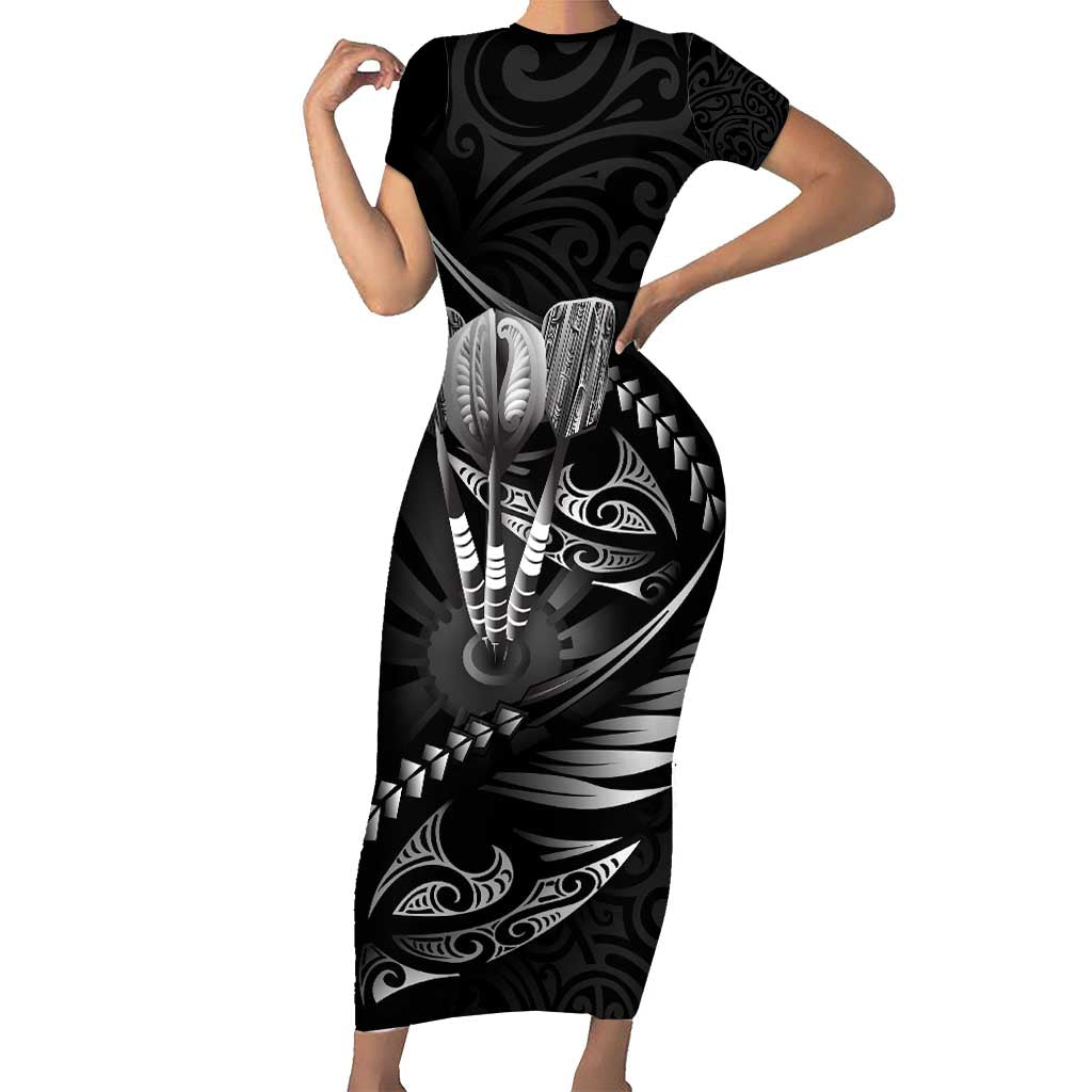 Personalised All Black New Zealand Darts Family Matching Short Sleeve Bodycon Dress and Hawaiian Shirt Aoteroa Fern Maori Galaxy Style LT14 Mom's Dress Black - Polynesian Pride