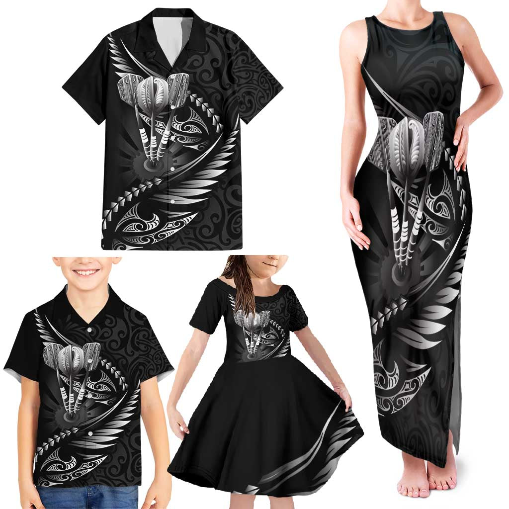 Personalised All Black New Zealand Darts Family Matching Tank Maxi Dress and Hawaiian Shirt Aoteroa Fern Maori Galaxy Style LT14 - Polynesian Pride