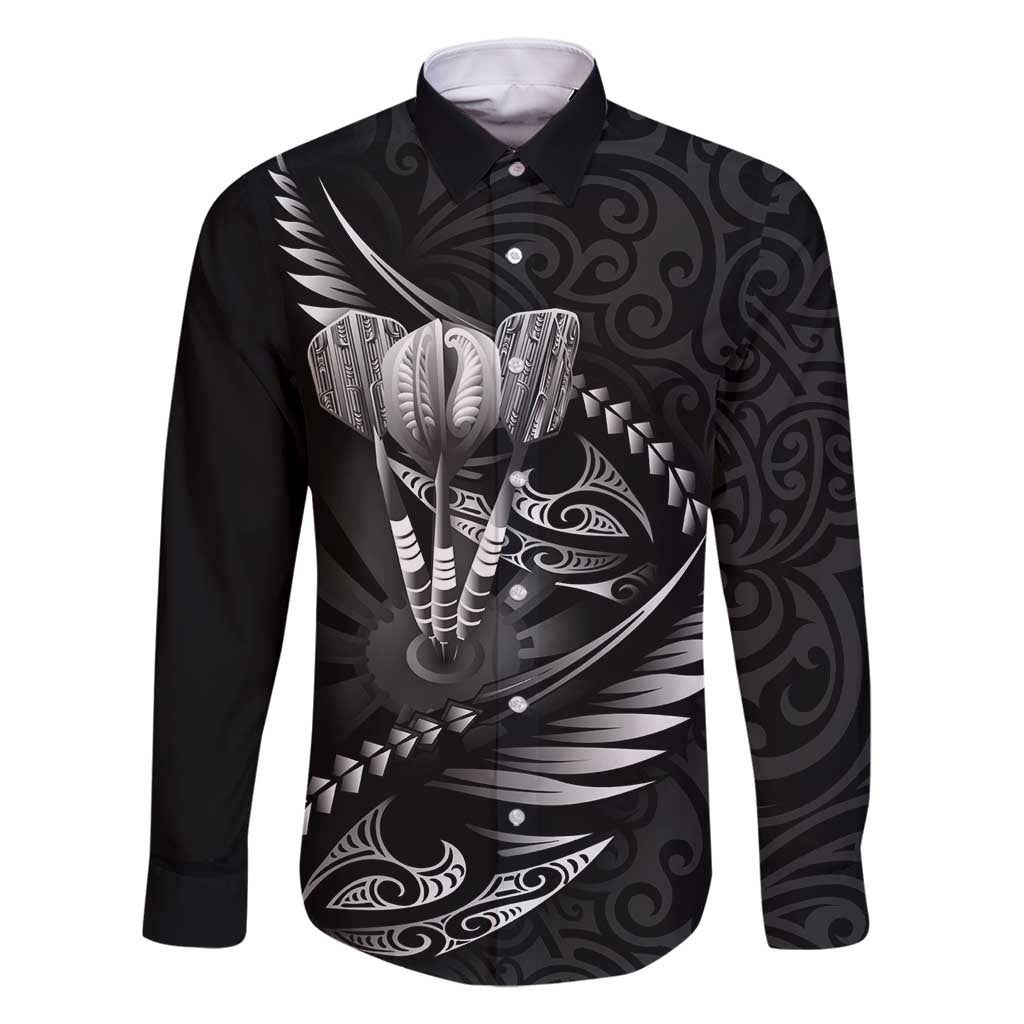 Personalised All Black New Zealand Darts Family Matching Tank Maxi Dress and Hawaiian Shirt Aoteroa Fern Maori Galaxy Style LT14 Dad's Shirt - Long Sleeve Black - Polynesian Pride