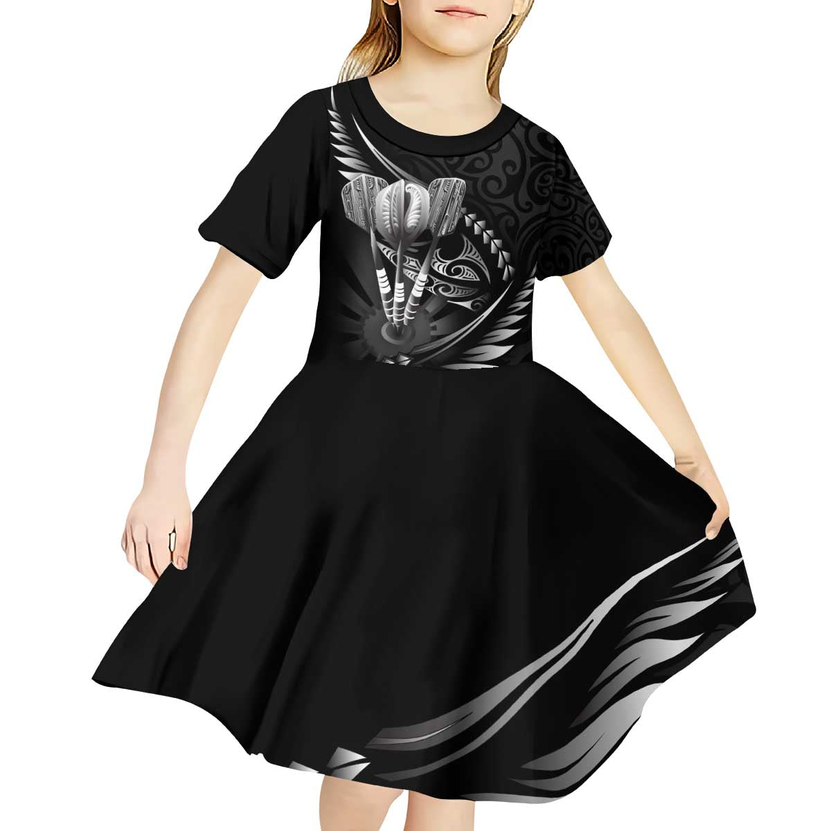 Personalised All Black New Zealand Darts Kid Short Sleeve Dress Aoteroa Fern Maori Galaxy Style LT14 - Polynesian Pride