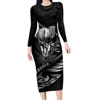 Personalised All Black New Zealand Darts Long Sleeve Bodycon Dress Aoteroa Fern Maori Galaxy Style LT14 Long Dress Black - Polynesian Pride