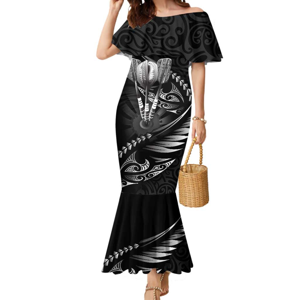 Personalised All Black New Zealand Darts Mermaid Dress Aoteroa Fern Maori Galaxy Style LT14 Women Black - Polynesian Pride