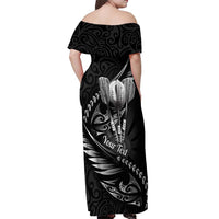 Personalised All Black New Zealand Darts Off Shoulder Maxi Dress Aoteroa Fern Maori Galaxy Style