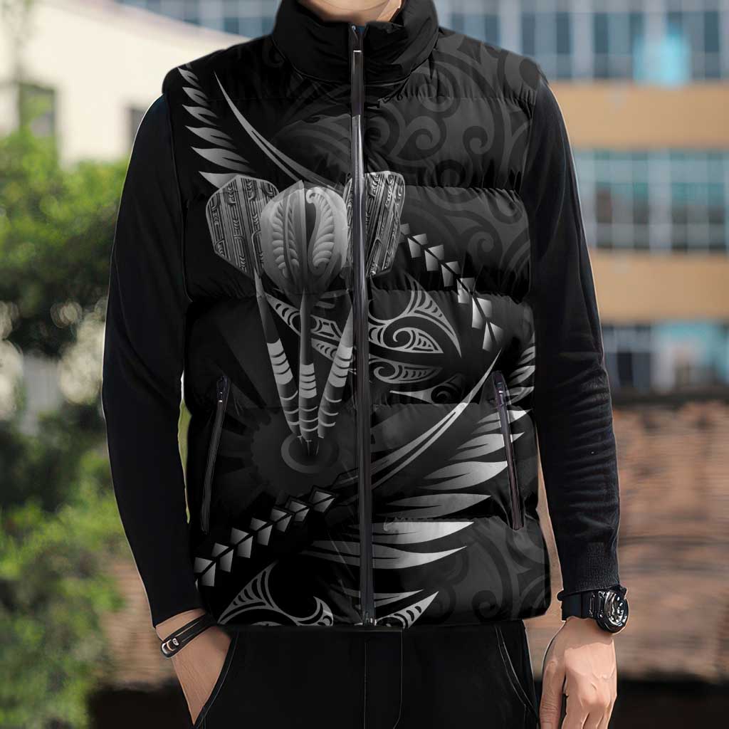 Personalised All Black New Zealand Darts Sleeveless Puffer Jacket Aoteroa Fern Maori Galaxy Style - Polynesian Pride