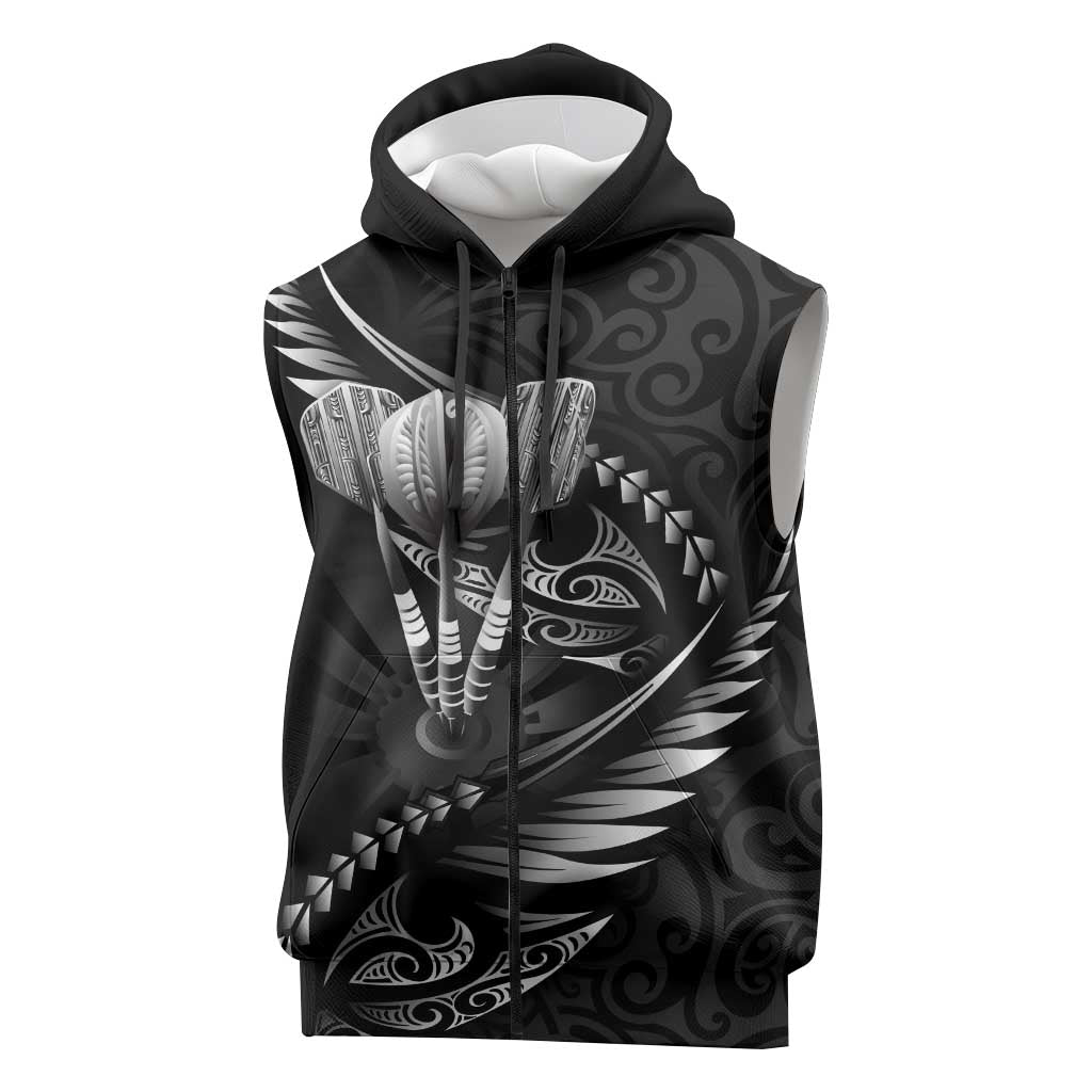 Personalised All Black New Zealand Darts Sleeveless Zip Hoodie Aoteroa Fern Maori Galaxy Style LT14 Black - Polynesian Pride