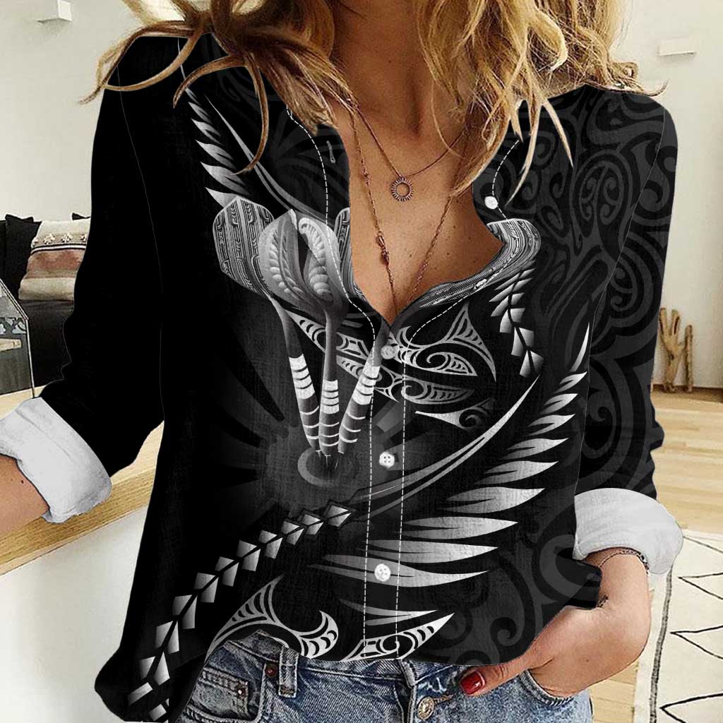 Personalised All Black New Zealand Darts Women Casual Shirt Aoteroa Fern Maori Galaxy Style LT14 Female Black - Polynesian Pride