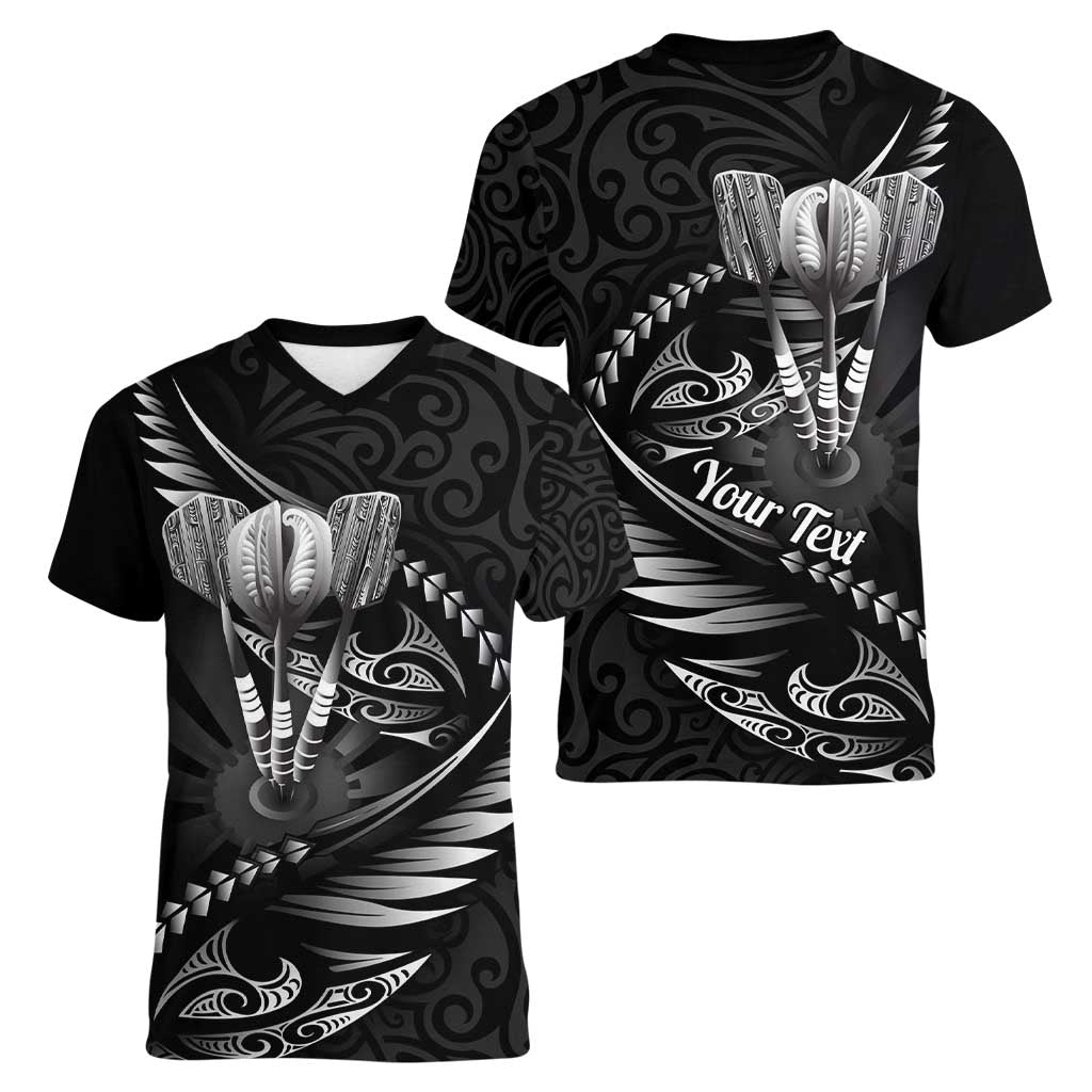 Personalised All Black New Zealand Darts Women V-Neck T-Shirt Aoteroa Fern Maori Galaxy Style